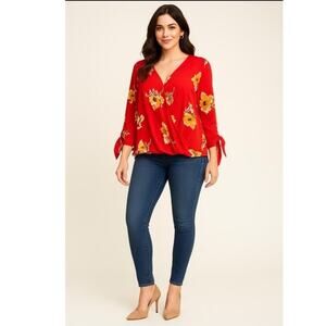 West Kei Red Floral Wrap Blouse, Romantic Statement Top Medium